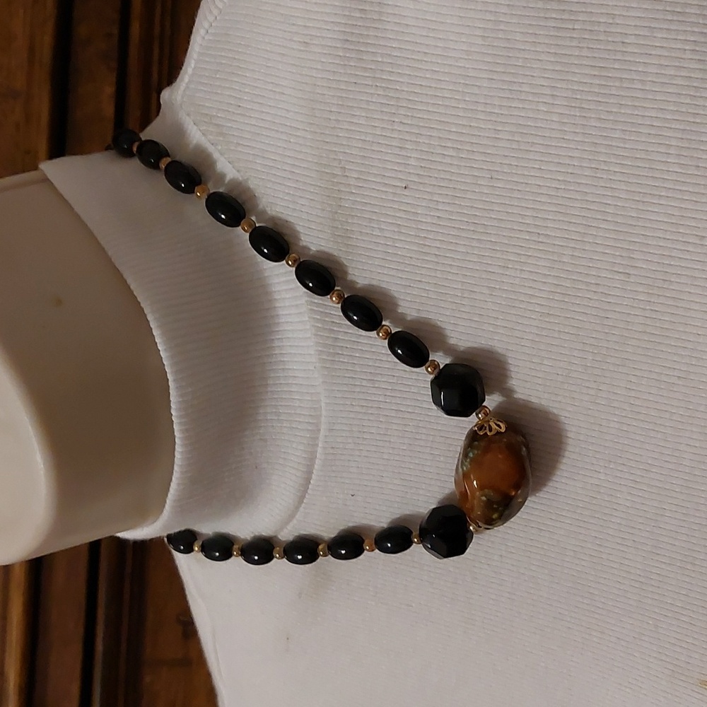 Brown Iridiscent Chunky Faux Stone Pendant w/ Black and Gold Tone Bead Necklace - Picture 2 of 6